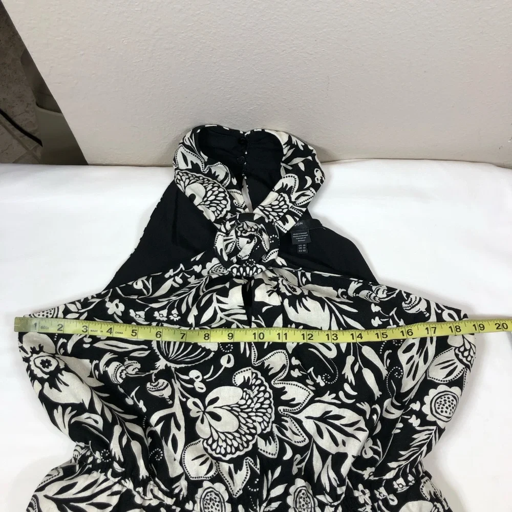 Maggy London Linen Blend Black Cream Floral Halter Pockets Lined Midi Dress 10 - Picture 13 of 16